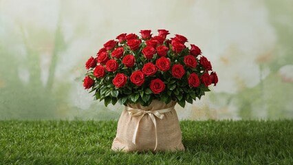 Close-up of vibrant red flowers planted in big cloth pots surrounded by fresh grass and decorative ribbon