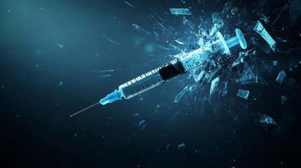 Shattered syringe exploding into fragments against dark background.