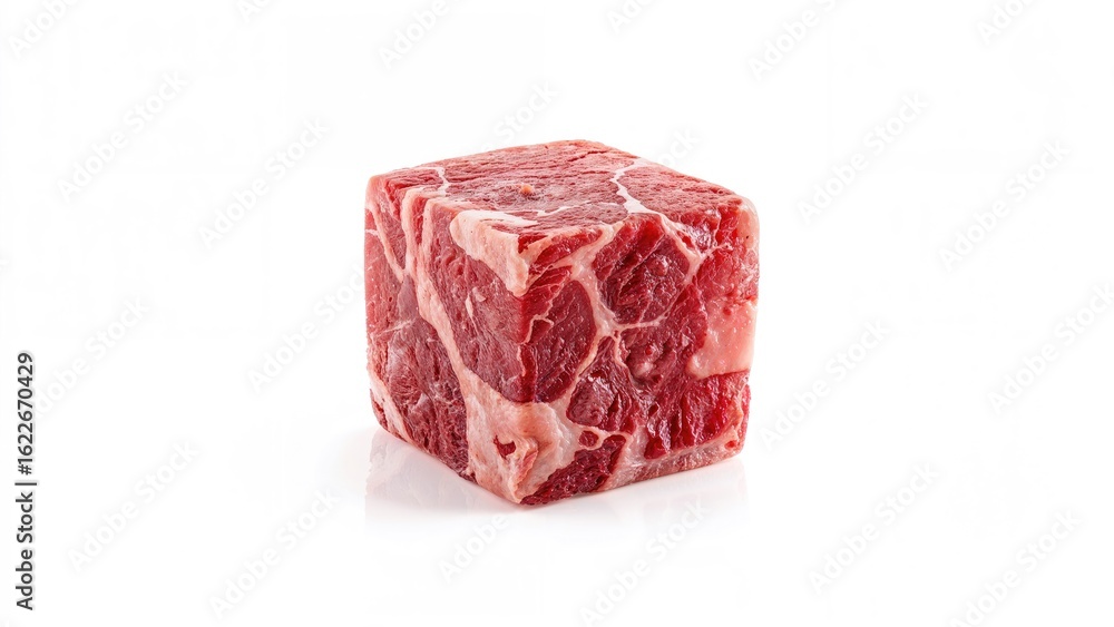 Poster ice cubes enclosing pieces of meat, displayed on a plain white background with precise clipping path