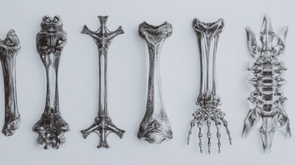 Monochromatic array of stylized skeletal segments displayed on white surface