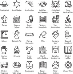 Western Icon Set, Outline Vector Illustration