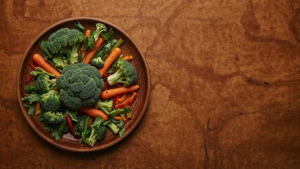 Fototapeta premium A selection of mixed vegetables displayed on a platter over a timber table