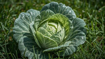 Fototapeta premium Brightly lit green cabbage head with open leaves growing amidst fresh grass