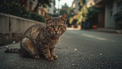 Homeless kitty sitting outdoors, eyeing the camera closely