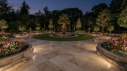 Dusk view of a backyard playground paved with marble, complemented by flowerbeds, grassy areas, and soft lighting.