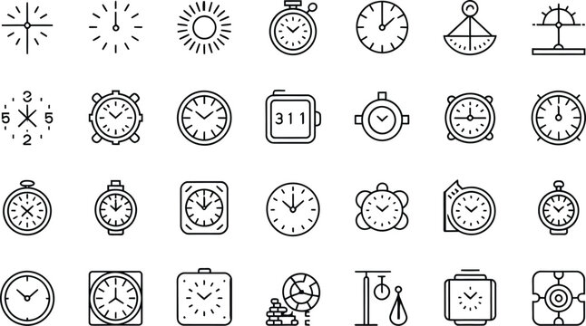 Modern and classic timekeeping icons showcase diverse clock styles for business and lifestyle