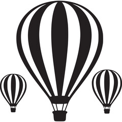 Black and white illustration of three hot air balloons on transparent background