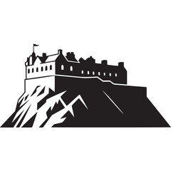 Black and white silhouette of a castle on a rocky hill on transparent background