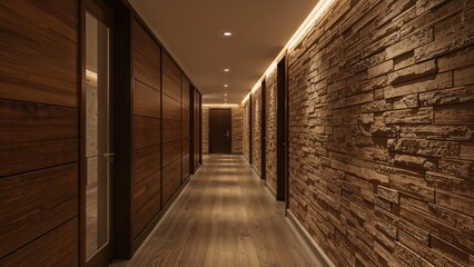 Hotel passageway adorned with brick wall design