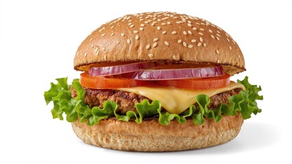 Seafood burger topped with fresh greens, tomatoes, onions in a seeded wheat bun