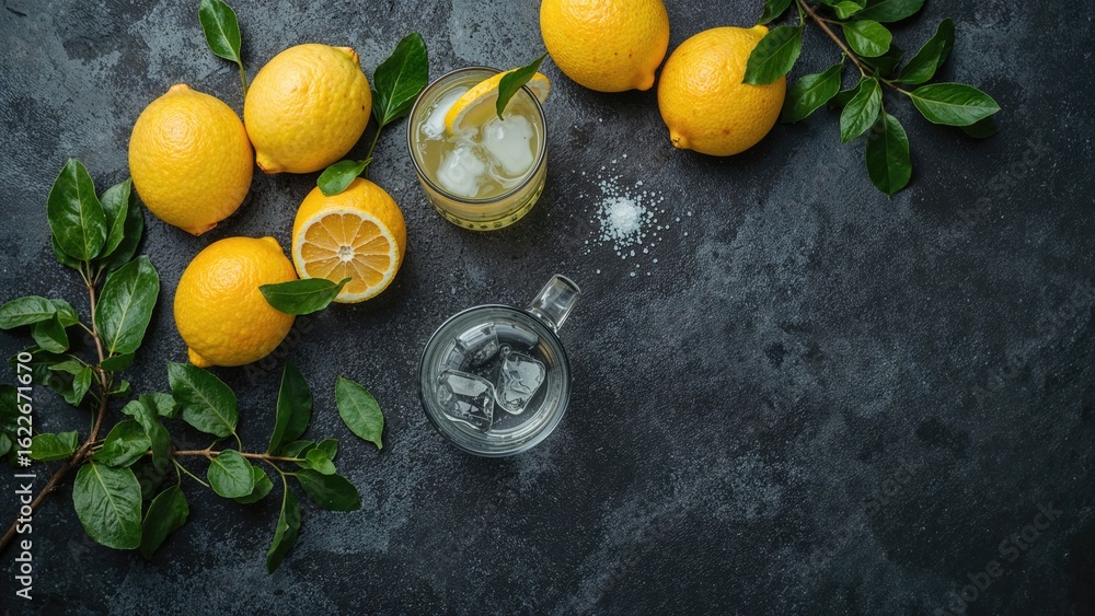Aufkleber lemonade making components arranged on a black stone backdrop from above with empty space