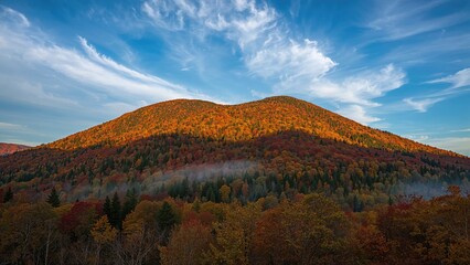 Late afternoon sun highlights the multicolored forest on a mountain ridge in fall