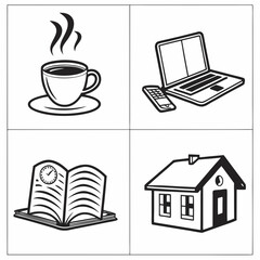 Collection of four simple black and white icons representing coffee technology education and home