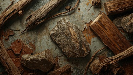 Shaped relief artwork with amorphous wood and stone textures