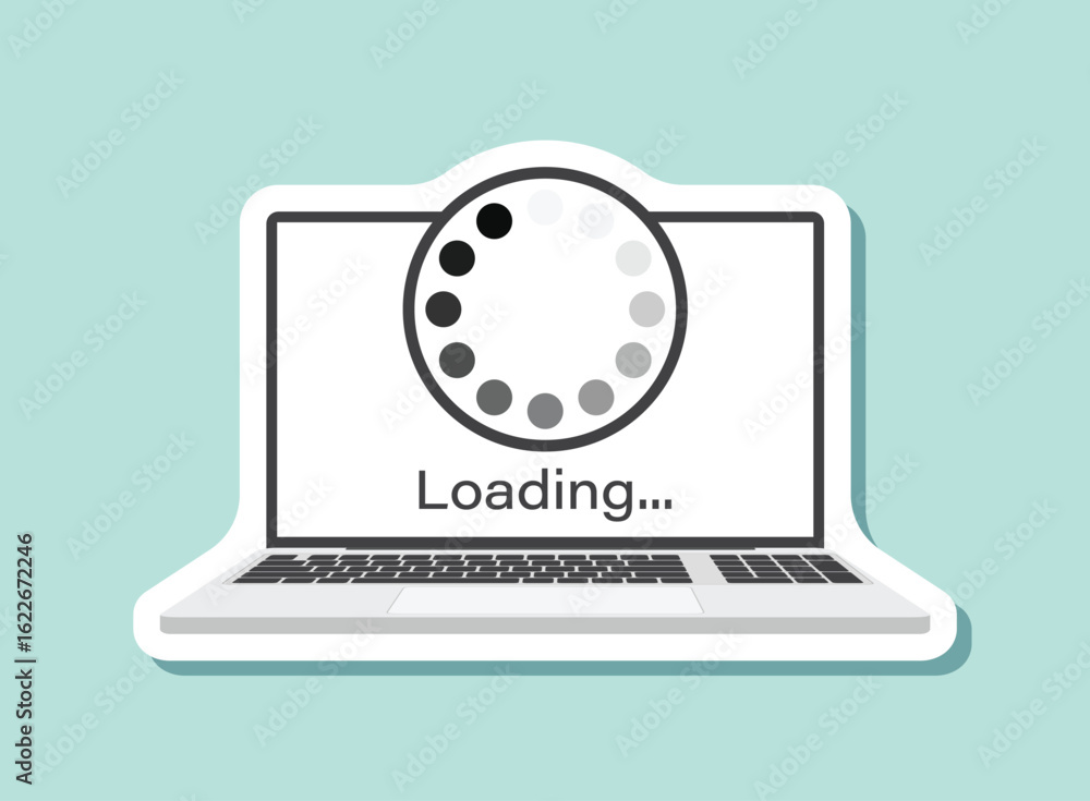 Poster laptop loading process sticker icon in flat style. software update vector illustration on isolated b