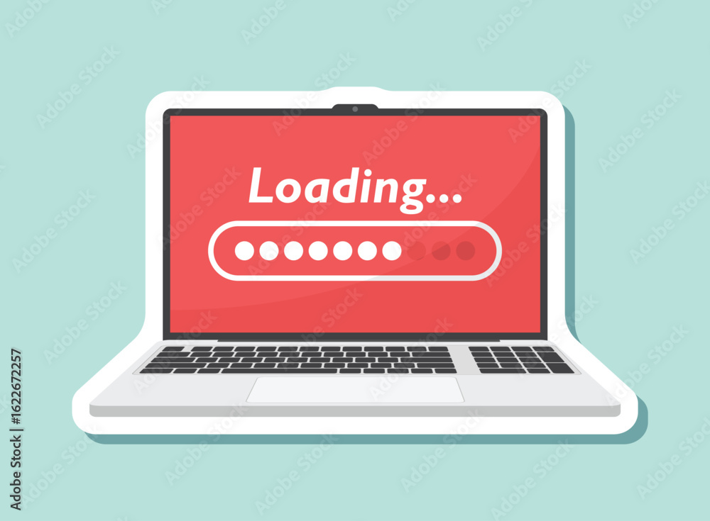 Aufkleber laptop loading process sticker icon in flat style. software update vector illustration on isolated b