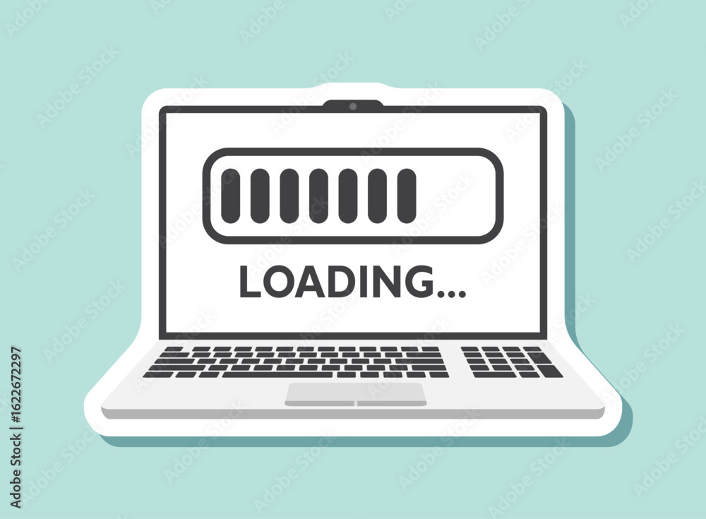Poster laptop loading process sticker icon in flat style. software update vector illustration on isolated b