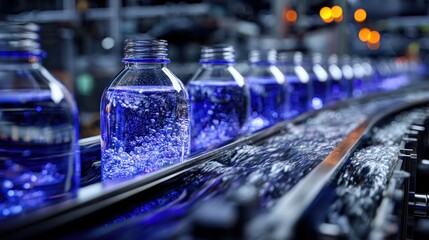 Automated bottling line filling bottles with sparkling blue liquid in a factory