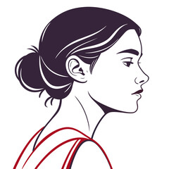 Elegant woman s profile illustration with dark hair in a bun and red accents on a white background
