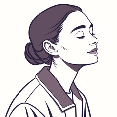 Elegant woman with eyes closed and hair in a bun depicted in a minimalist line art style