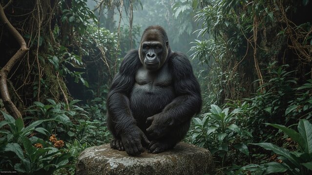 Large male gorilla perched on a boulder in natural wilderness