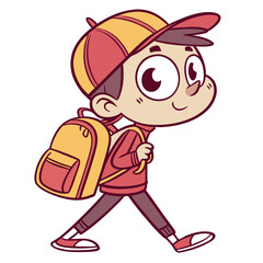 Happy cartoon boy wearing a red and yellow baseball cap and backpack walking to school