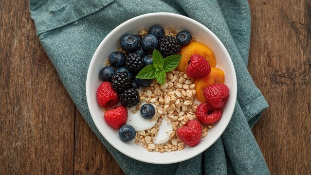 Detox-focused vegan granola breakfast served with fresh berries, peach, plant milk, and mint, arranged on a wooden backdrop for a healthy, flavorful start to the day.