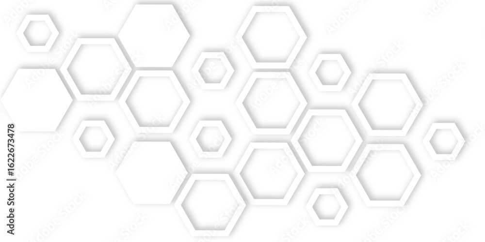 Poster abstract white hexagons with subtle shadows, clean, modern background featuring a repeating pattern 