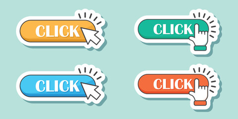 Click here banner sticker icon set collection in flat style. Ecommerce vector illustration on isolated background. Shopping button sign business concept.