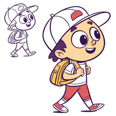 Happy cartoon boy with backpack wearing a baseball cap walking to school