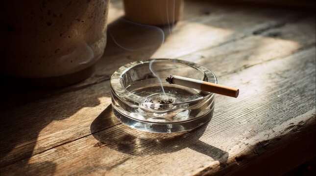 moking cigarette in ashtray on wooden table