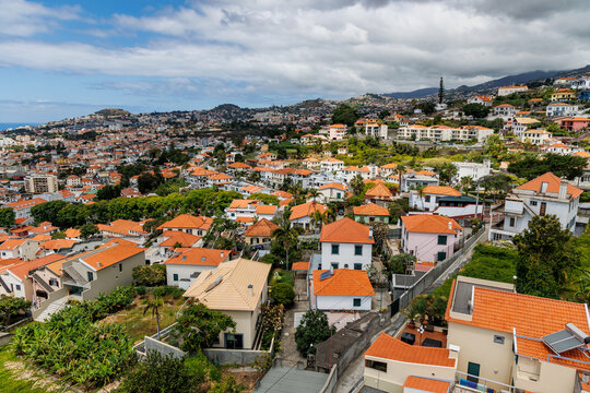Fototapeta Funchal city, capital of Madeira Island. Aerial view from cable car