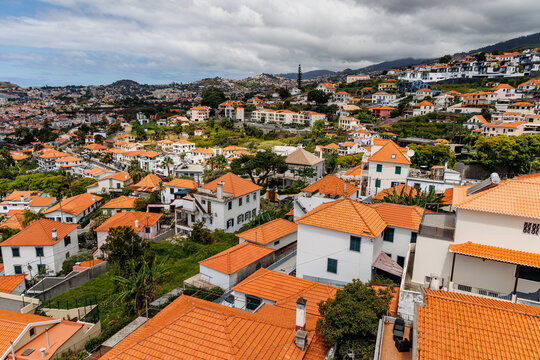Fototapeta Funchal city, capital of Madeira Island. Aerial view from cable car