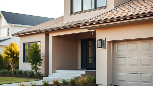 Modern suburban home with clean lines and soft morning light, surrounded by lush greenery.
