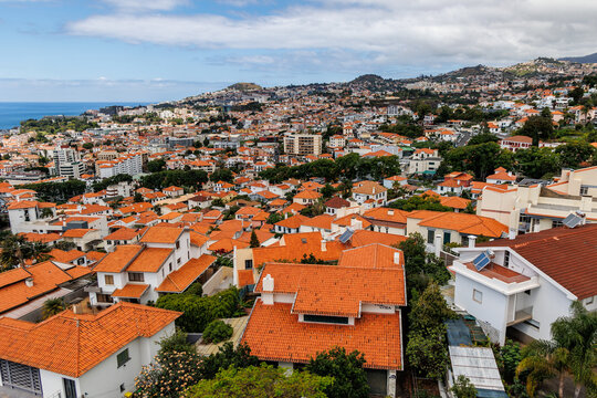 Fototapeta Funchal city, capital of Madeira Island. Aerial view from cable car