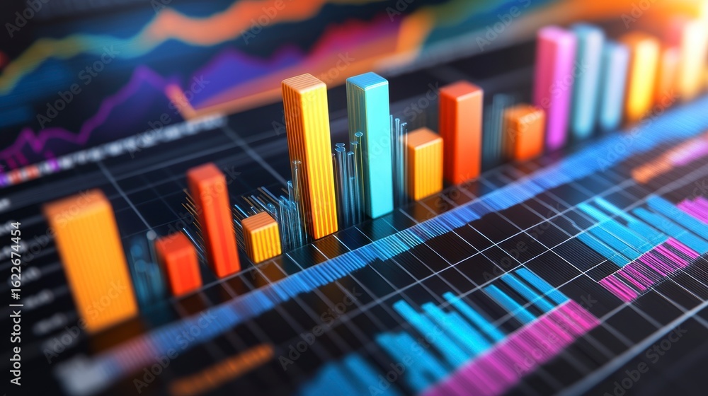 Poster colorful 3d bar and line graphs on a digital screen, illustrating data analysis and growth.
