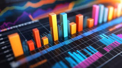 Colorful 3D bar and line graphs on a digital screen, illustrating data analysis and growth.
