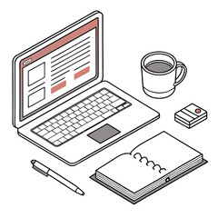 Isometric illustration of a laptop coffee mug notebook pen and small stack of papers on a white background