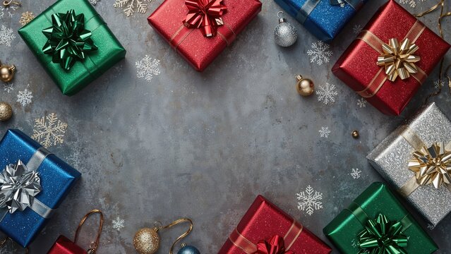 Assorted colored gift boxes set against a gray Christmas-themed background