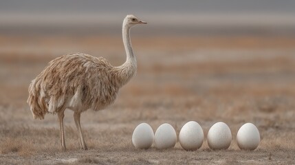 Elegant Greater Rhea Bird Standing Guard Over Its Clutch of Eggs In Nature
