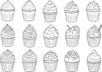 Set of isolated white silhouette cups, frosting and toppings for build your own cupcake. Cute hand drawn style in white plane without outline.

