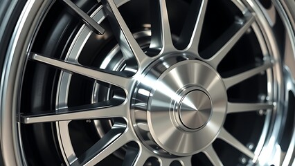 Obraz premium Polished metal wheel with radial patterns, showcasing industrial elegance under studio lighting.