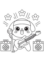 Coloring book puppy playing electric guitar and singing on stage.