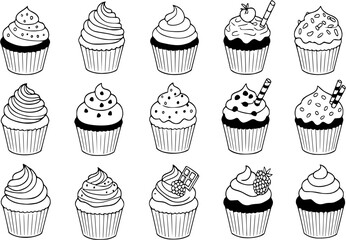 Set of isolated white silhouette cups, frosting and toppings for build your own cupcake. Cute hand drawn style in white plane without outline.
