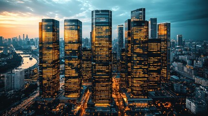 Illuminated skyscrapers at dusk, overlooking a cityscape and river