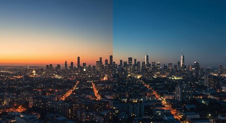 Split cityscape view a skyline at dusk left orange sky and at night right blue sky with illuminated buildings