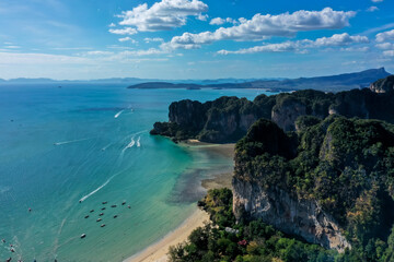 Aerial view of Krabi - Railay beach seen from a drone. One of Thailand's most famous luxurious...