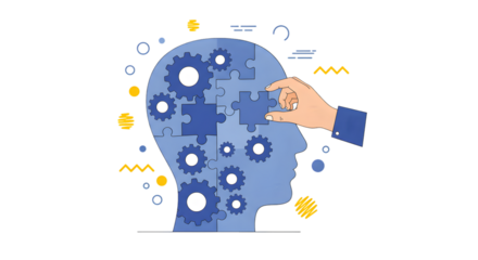 Puzzle Head with Gears, Hand Placing Puzzle Piece in Blue Silhouette