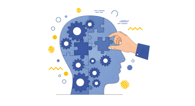 Puzzle Head with Gears, Hand Placing Puzzle Piece in Blue Silhouette