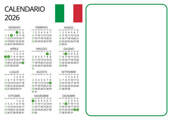 2026 Italy calendar with national holidays marked, horizontal format with space to insert logo, notes, or company images